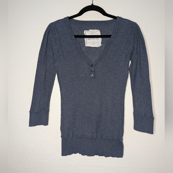 Mossimo Womens Navy Blue Y2K Style Preppy Henley Top M - Picture 1 of 5